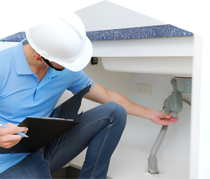 669 Heat plumbing specialist wearing a white hard hat, blue polo, and jeans, holding a clipboard while inspecting pipes under a sink for a water leak detection check. 669 Heat plumbing specialist wearing a white hard hat, blue polo, and jeans, holding a clipboard while inspecting pipes under a sink for a water leak detection check.